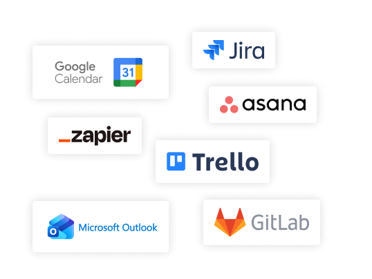 Asana, Jira, Zapier, Trello, Google Calendar, Outlook, Gitlab logos showcasing DeskTime's integrations.